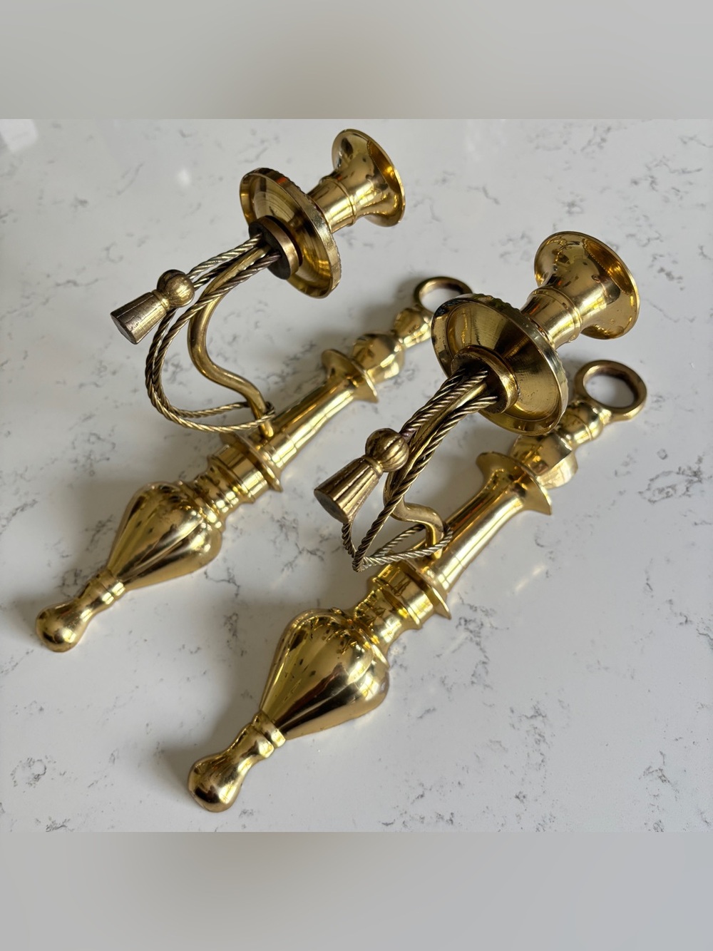 Vintage Pair of Ornate Brass Candle Holder Wall Sconces with Tassels